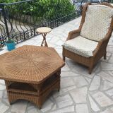 Octagonal wicker rattan coffee table from the 60s and 70s