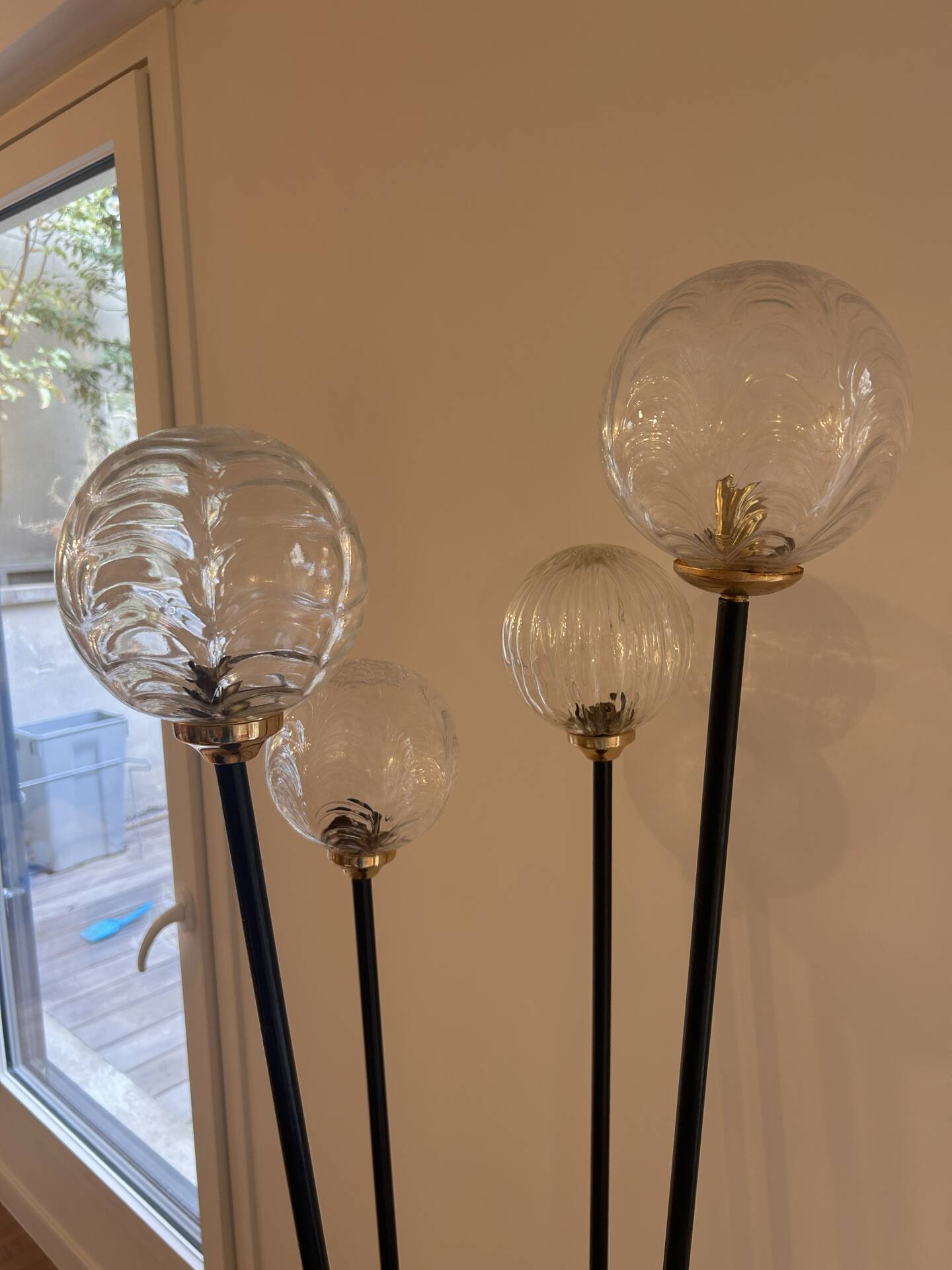Vintage Grand Floor Lamp 4 Lights - Black Metal, Brass & Glass Globes