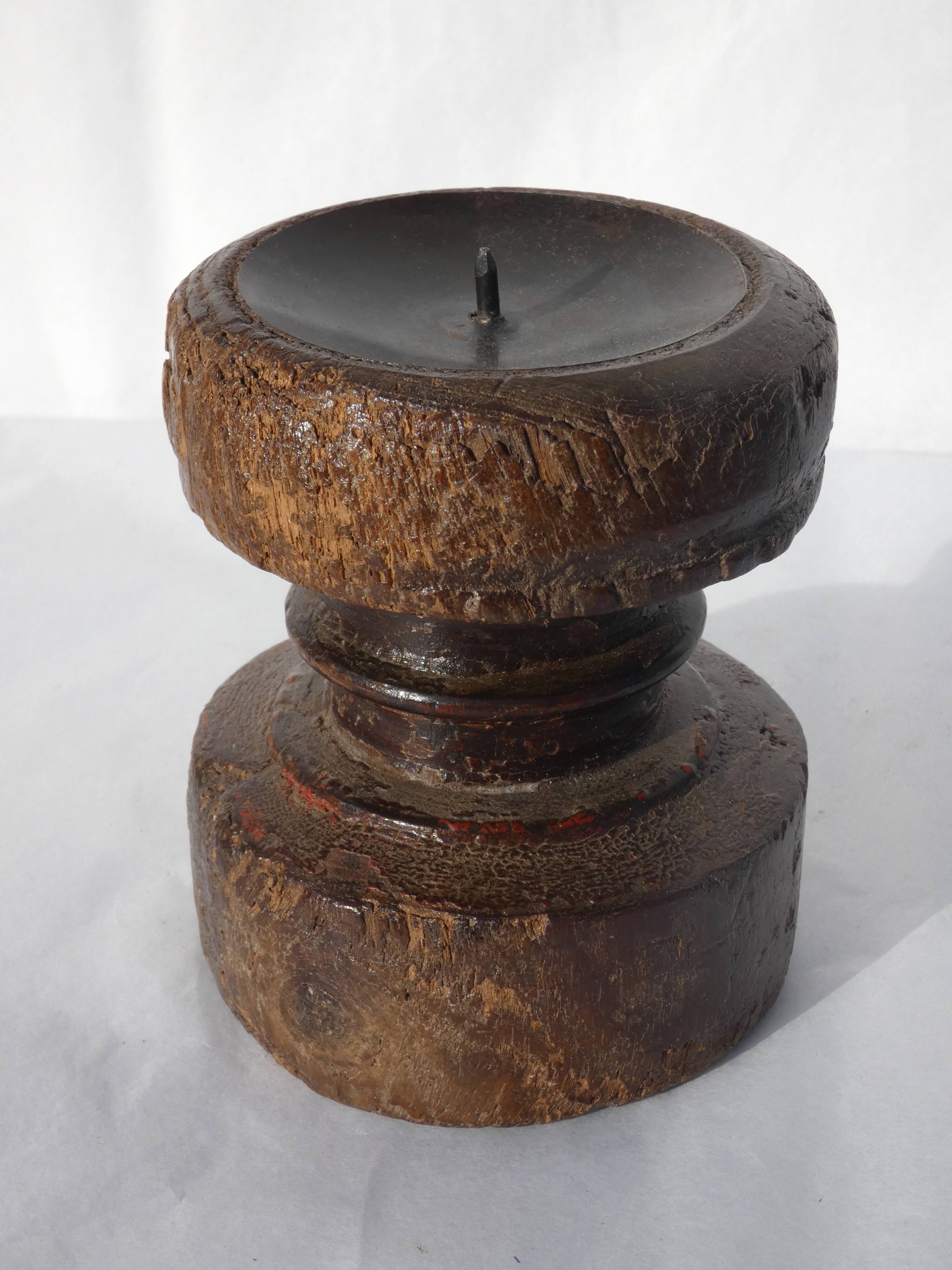 Candle holder round wood old teak patina of origin India