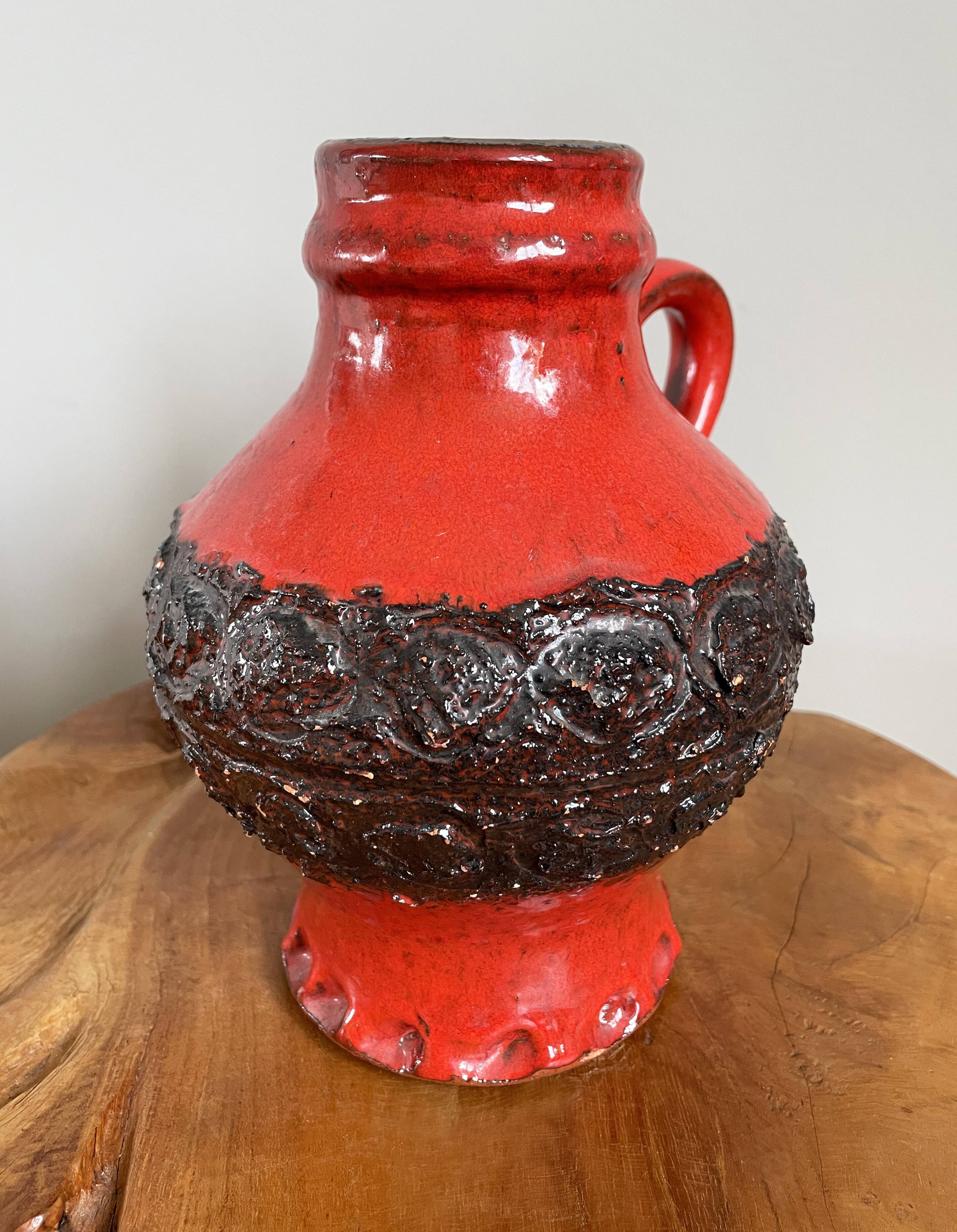 Bright Red and Black Ceramic Vase, Heavy Jug in Mid-Century Style, West German Pottery
