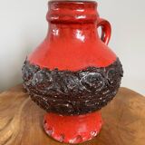 Vase en céramique rouge vif et noir, cruche lourde dans le style du milieu du siècle, poterie ouest-allemande