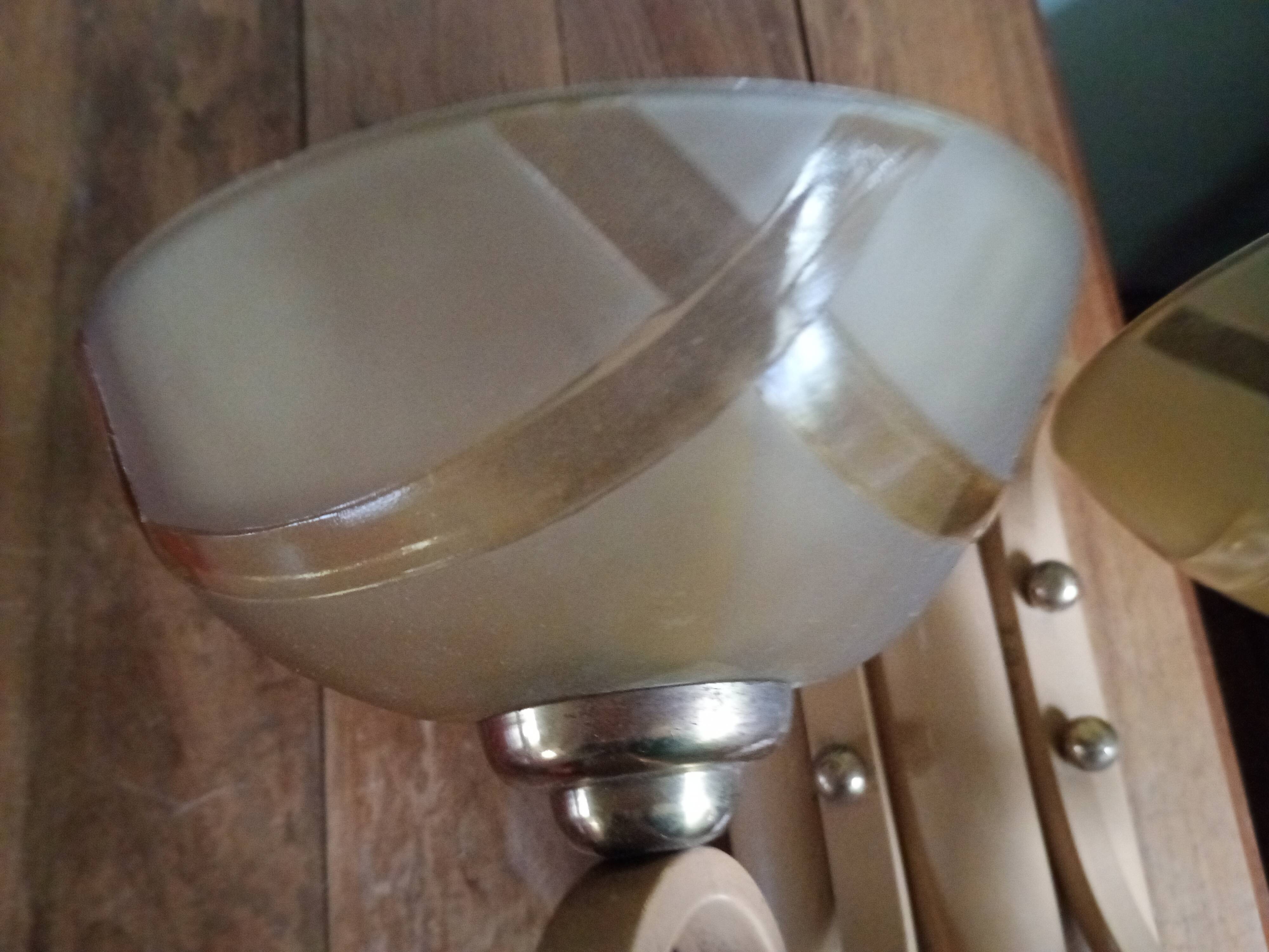 Double retro wall light - painted wood & brass - amber yellow frosted glass cups