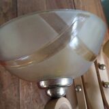 Double retro wall light - painted wood & brass - amber yellow frosted glass cups