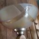 Double retro wall light - painted wood & brass - amber yellow frosted glass cups