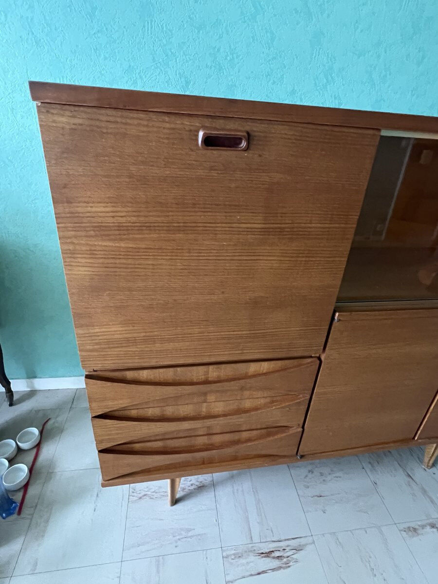 Scandinavian style furniture, brand "eros" in blonde teak, around 1960.
