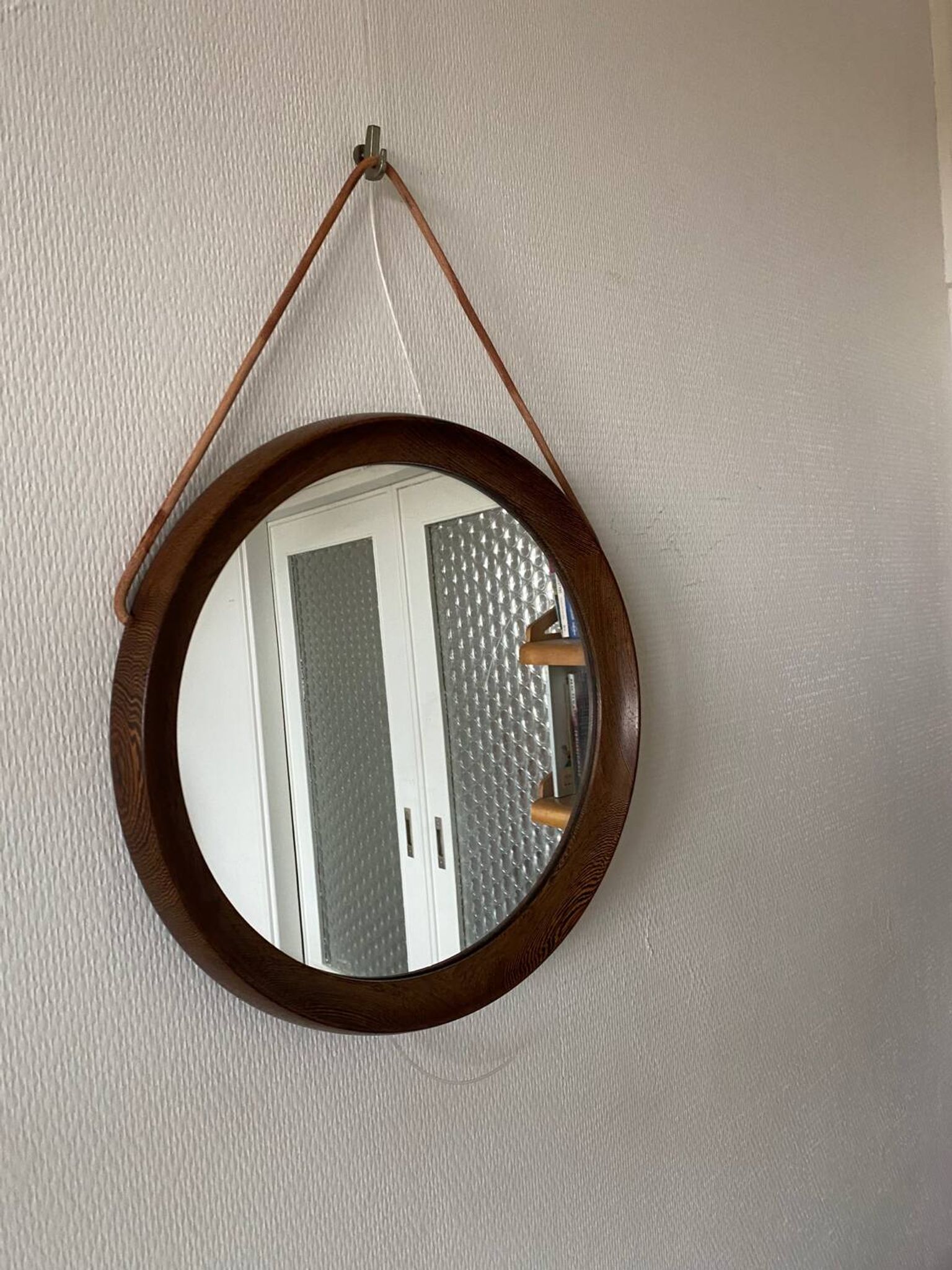 Mid-Century Scandinavian Round Wenge Wood Mirror with Leather Strap, 1950s