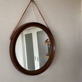 Mid-Century Scandinavian Round Wenge Wood Mirror with Leather Strap, 1950s