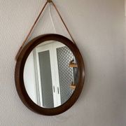 Mid-Century Scandinavian Round Wenge Wood Mirror with Leather Strap, 1950s