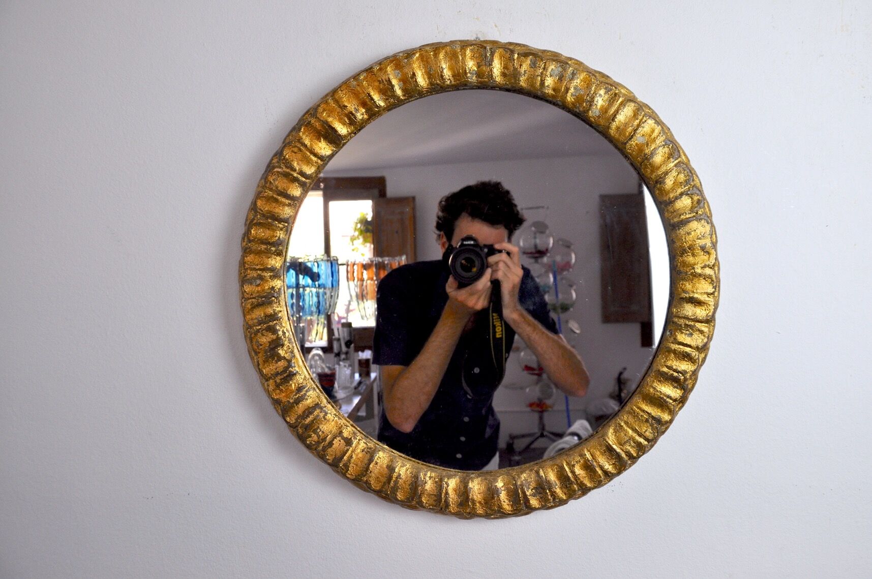 Midcentury gilded wooden sun mirror, France, 49cm