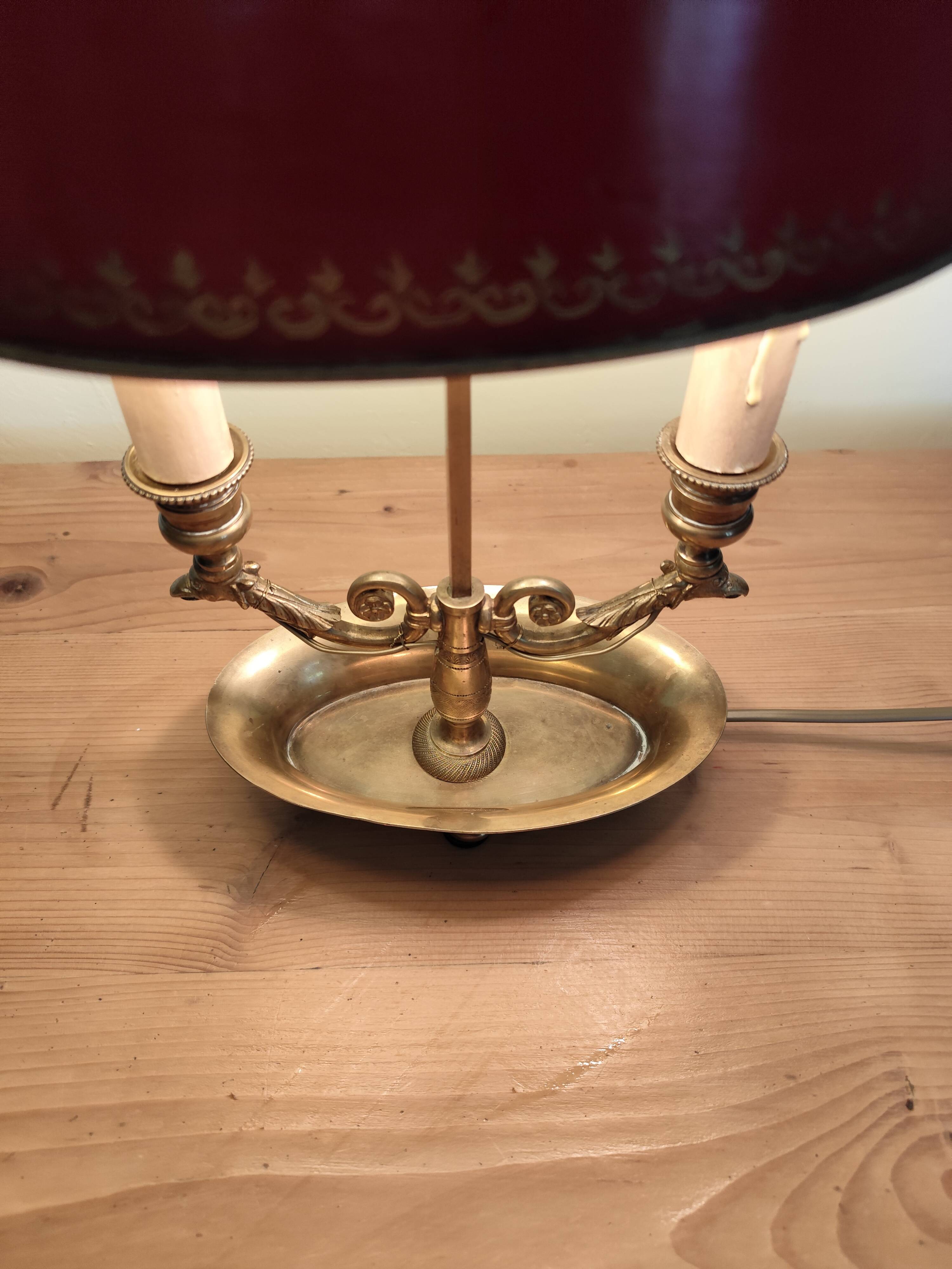 bronze and brass 2-bulb bouillotte lamp, red desk lamp