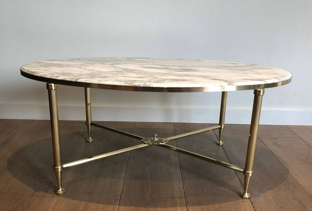 Neoclassical Oval Coffee Table in Brass and Carrara Marble, Janse House