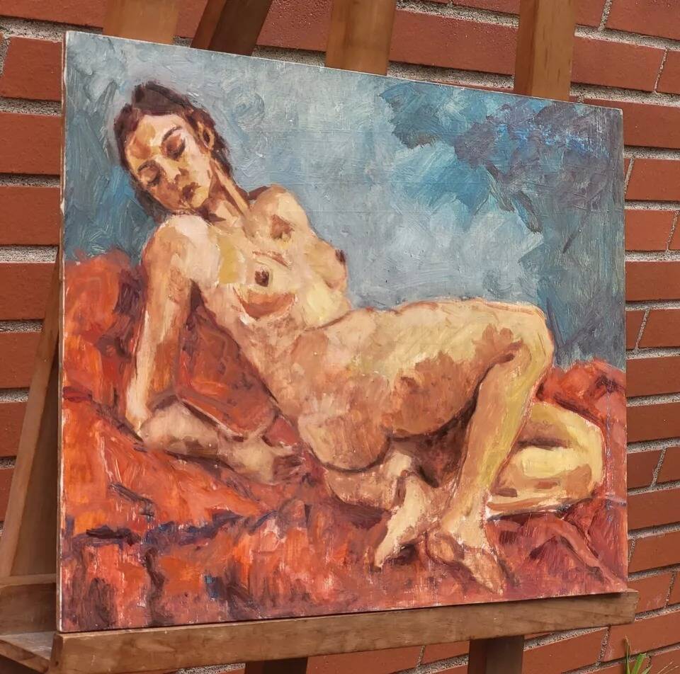 20th Century Expressionist Reclining Female Nude Original Oil Painting