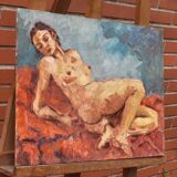 Peinture à l'huile originale expressionniste du XXe siècle représentant une femme nue allongée