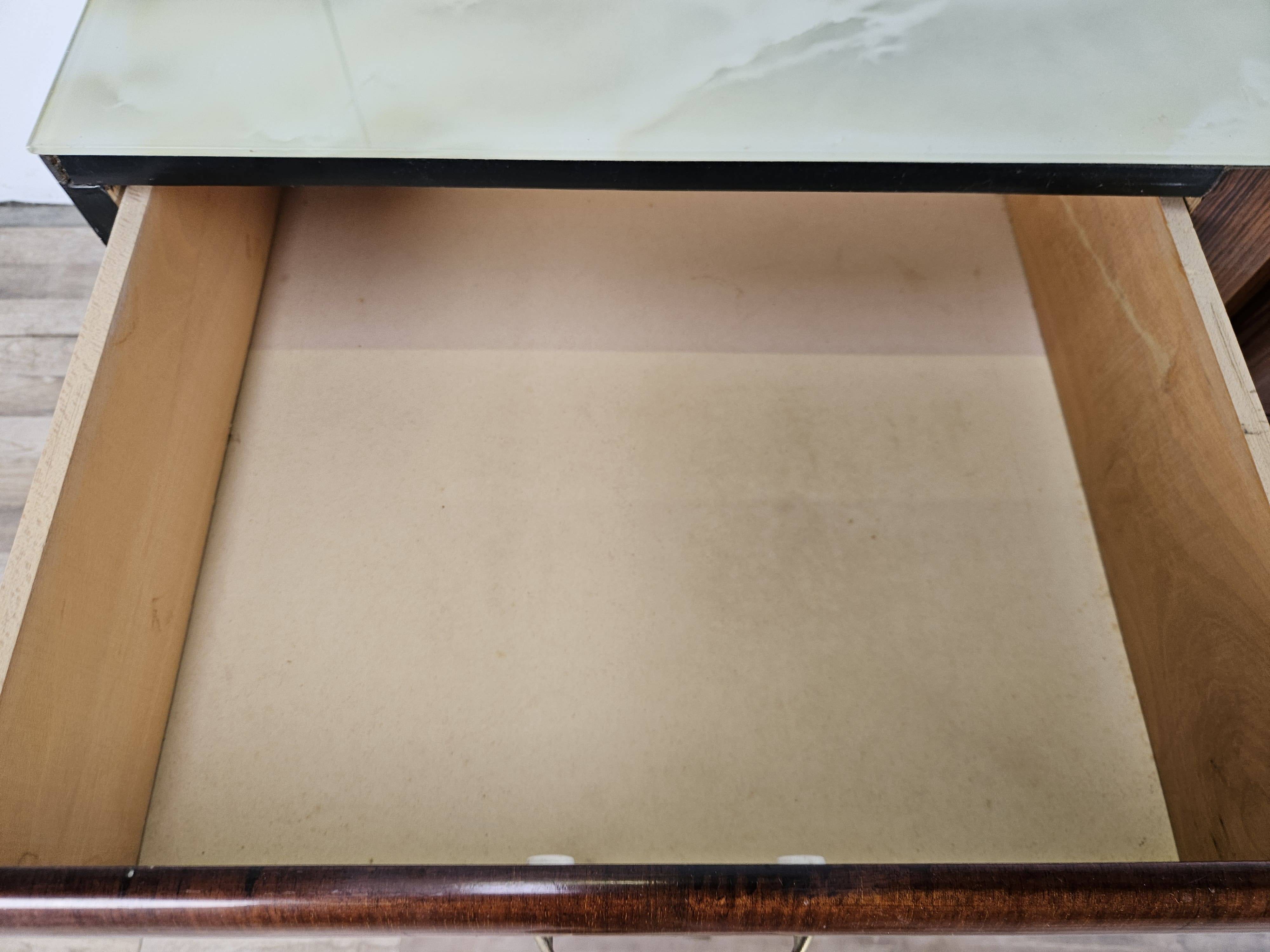 Vintage six-drawer mahogany burl dresser with glass top