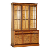 Vintage walnut burr buffet with glass and lighting, Art Deco style.