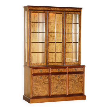 Buffet vintage en noyer burr avec vitres et éclairage, style Art Deco