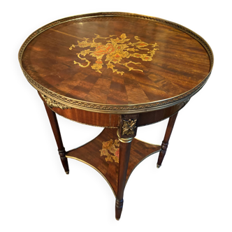 Bouillotte table pedestal table with marquetry decoration and bronze ornaments in the Louis style