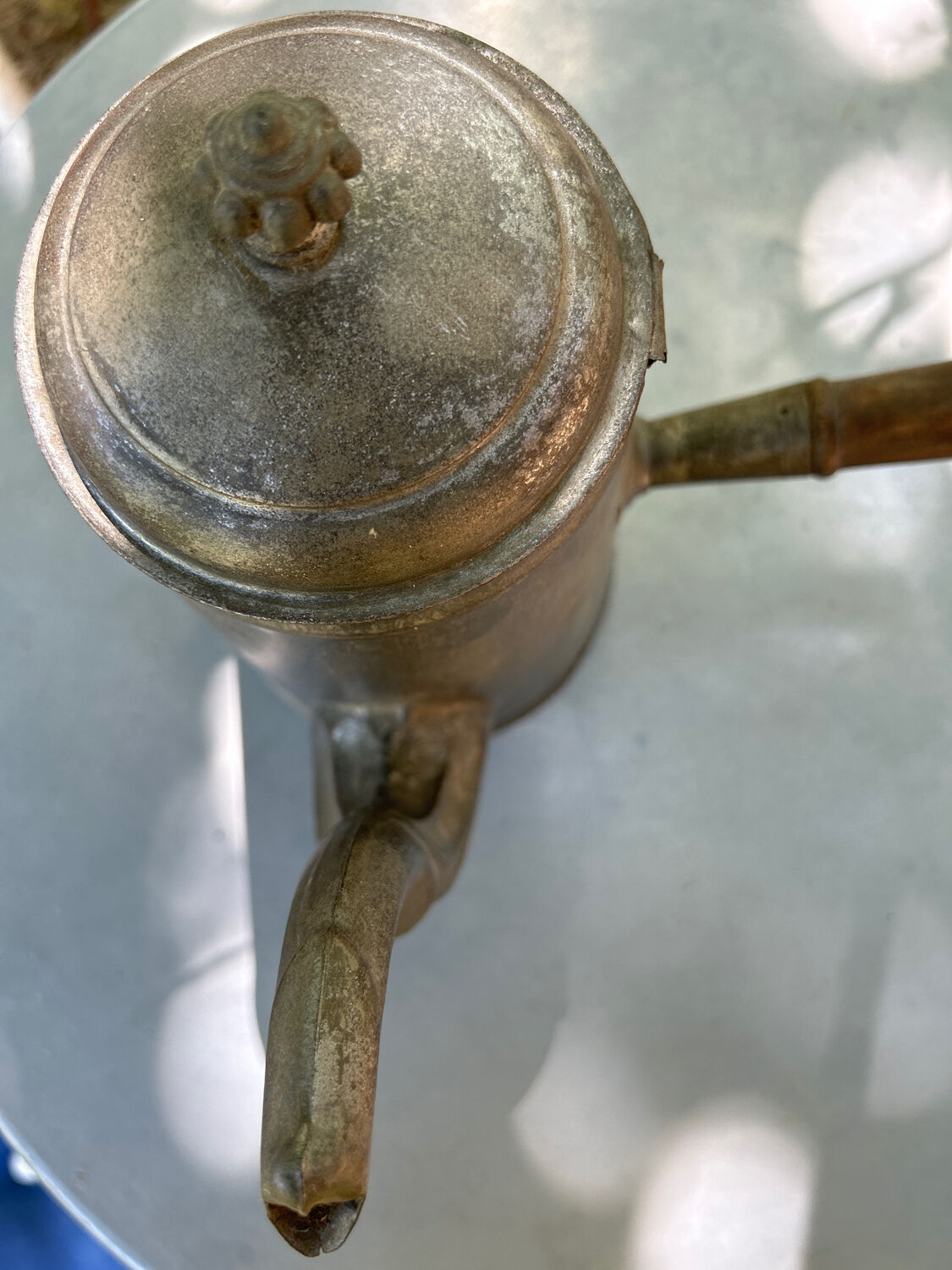 Tin coffee maker or kettle and wooden handle