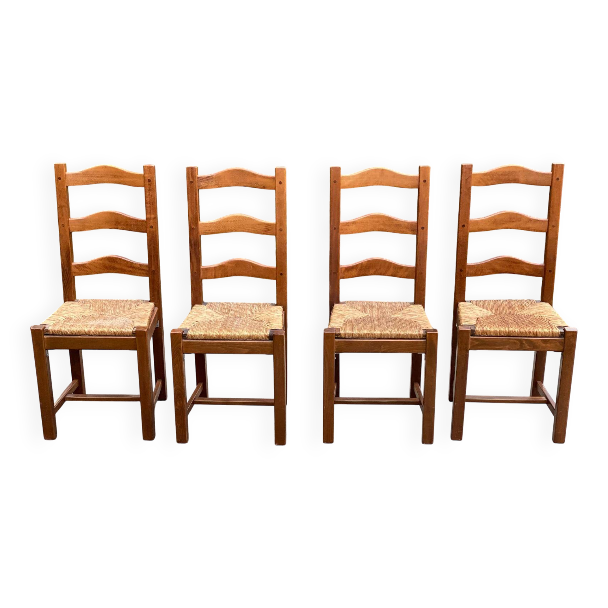 4 Vintage Farmhouse Style Dining Chairs in Solid Oak Straw Wood