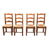 4 Vintage Farmhouse Style Dining Chairs in Solid Oak Straw Wood