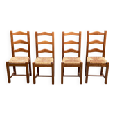 4 Vintage Farmhouse Style Dining Chairs in Solid Oak Straw Wood