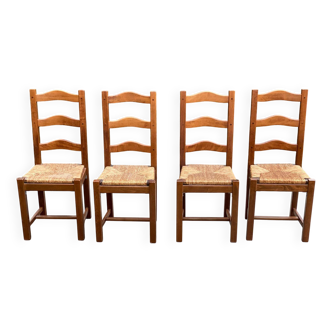 4 Vintage Farmhouse Style Dining Chairs in Solid Oak Straw Wood