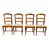4 chaises Louis XV en bois massif chêne et paille sculptures coquille