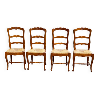 4 Louis XV chairs in solid oak and straw with shell sculptures