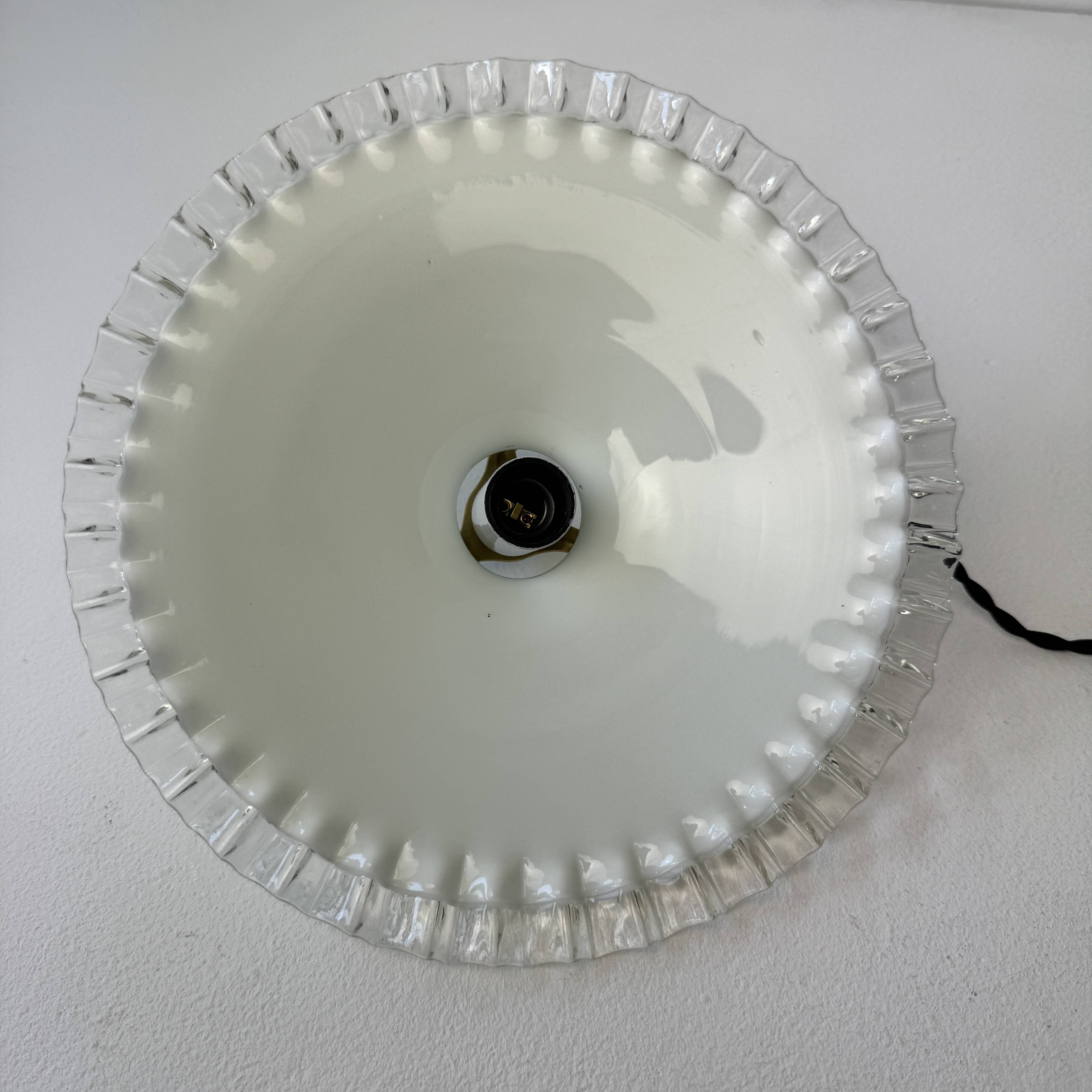 Vintage opaline glass pendant light with scalloped edges, 24 cm