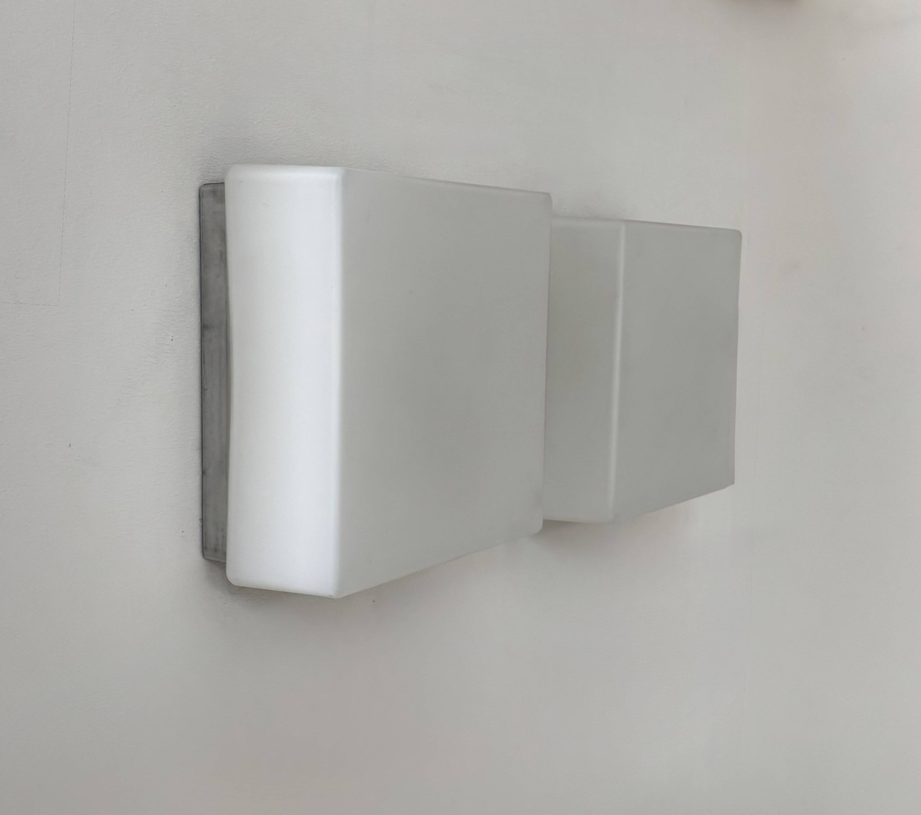 Pair of vintage wall lights, brushed metal and opaline glass, France, 1970