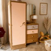 Asymmetrical floral wardrobe, natural oak & powder pink