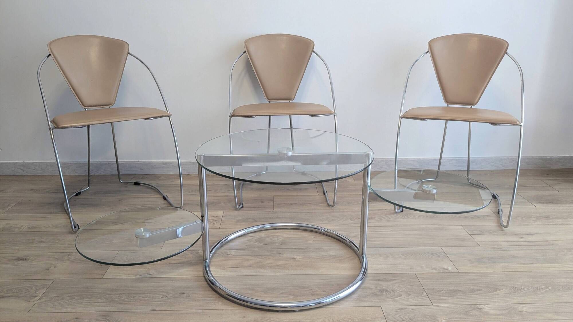 Set of 3 Linda chairs by Arrben – beige faux leather and chrome steel – 1980s