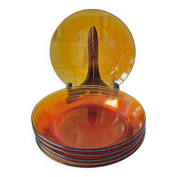 6 assiettes creuses verre trempé caramel Duralex vintage
