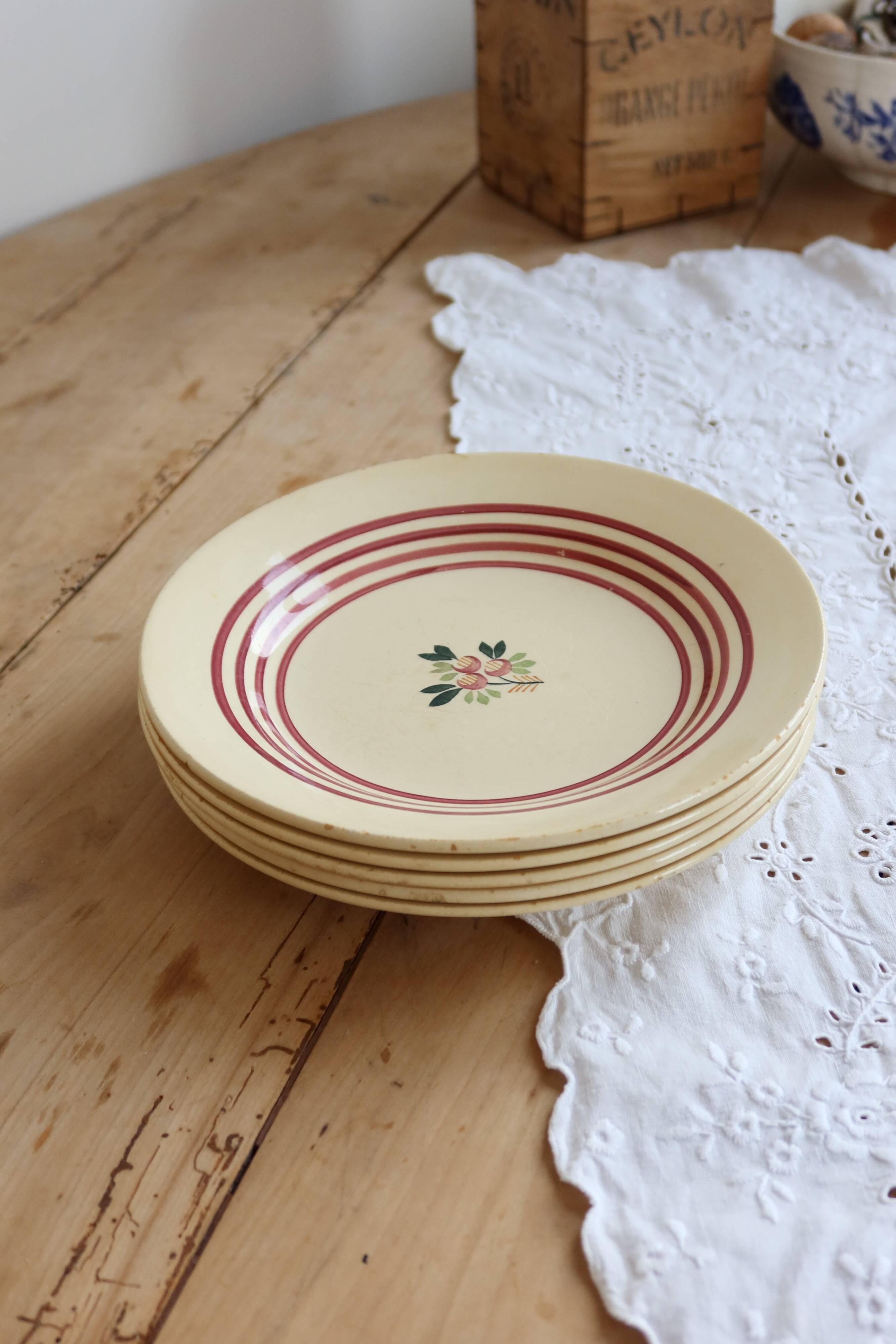 4 vintage Gien ironstone deep plates – Red floral pattern