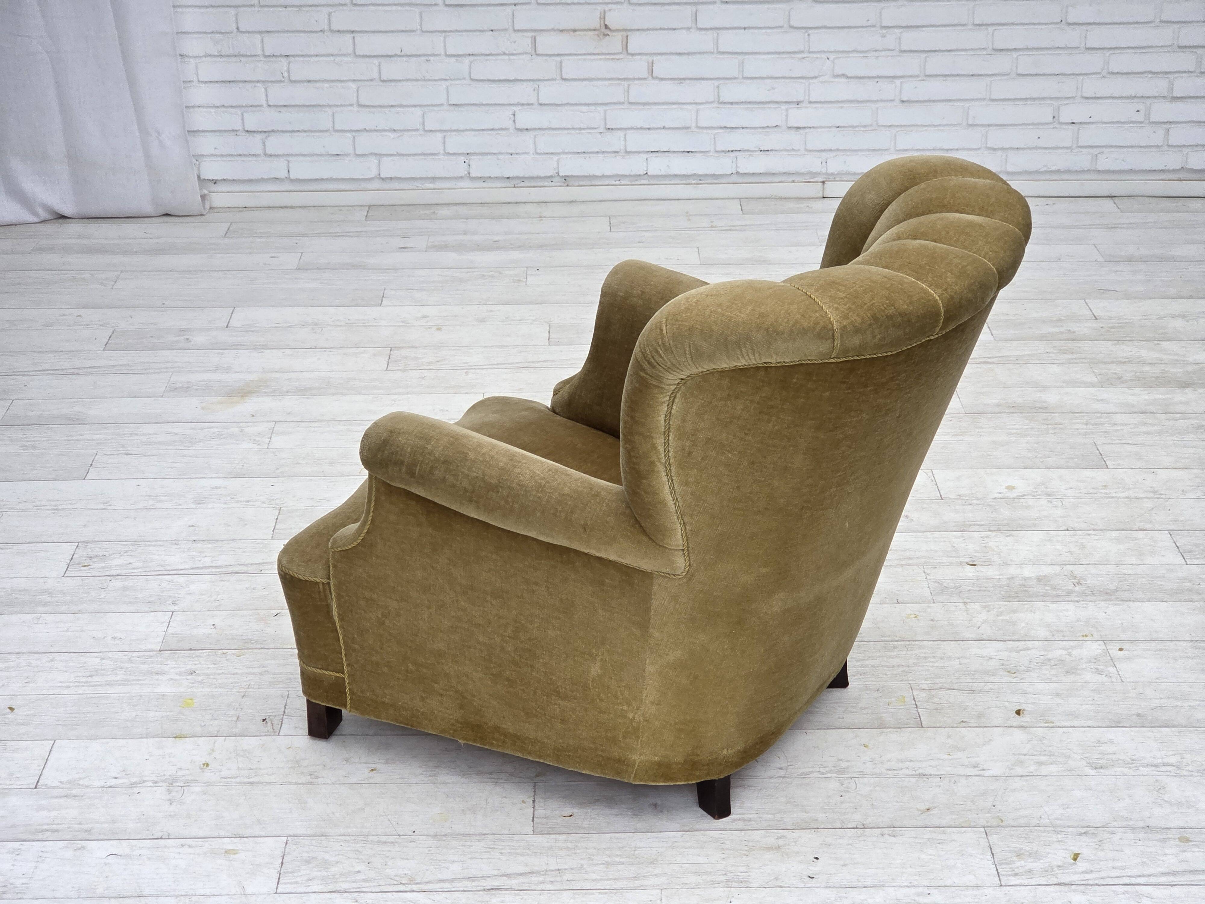 1960s, Danish armchair, green furniture velour, oak wood.