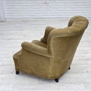 1960s, Danish armchair, green furniture velour, oak wood.