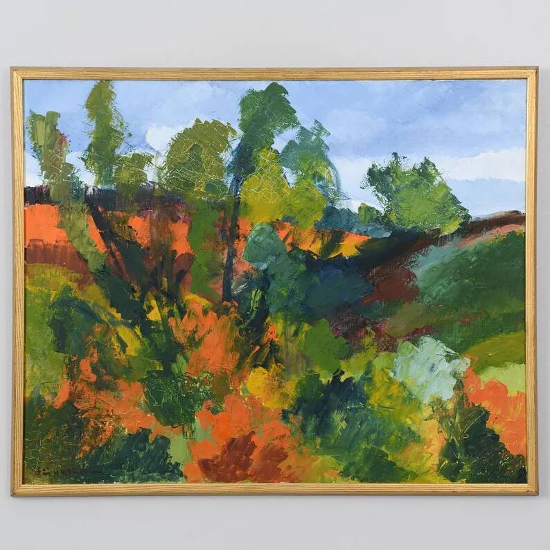 Swedish Oil on Canvas "Autumn Landscape" by Stig Hallblom, Vintage & Framed