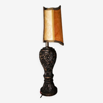 Portuguese carved wood half shade handmade buffet table lamp 1960s