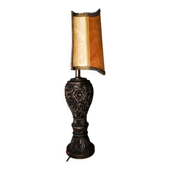 Portuguese carved wood half shade handmade buffet table lamp 1960s