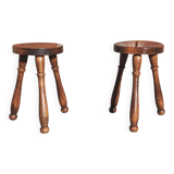 Tabourets bas tripodes, bois massif. (Lot de 2)