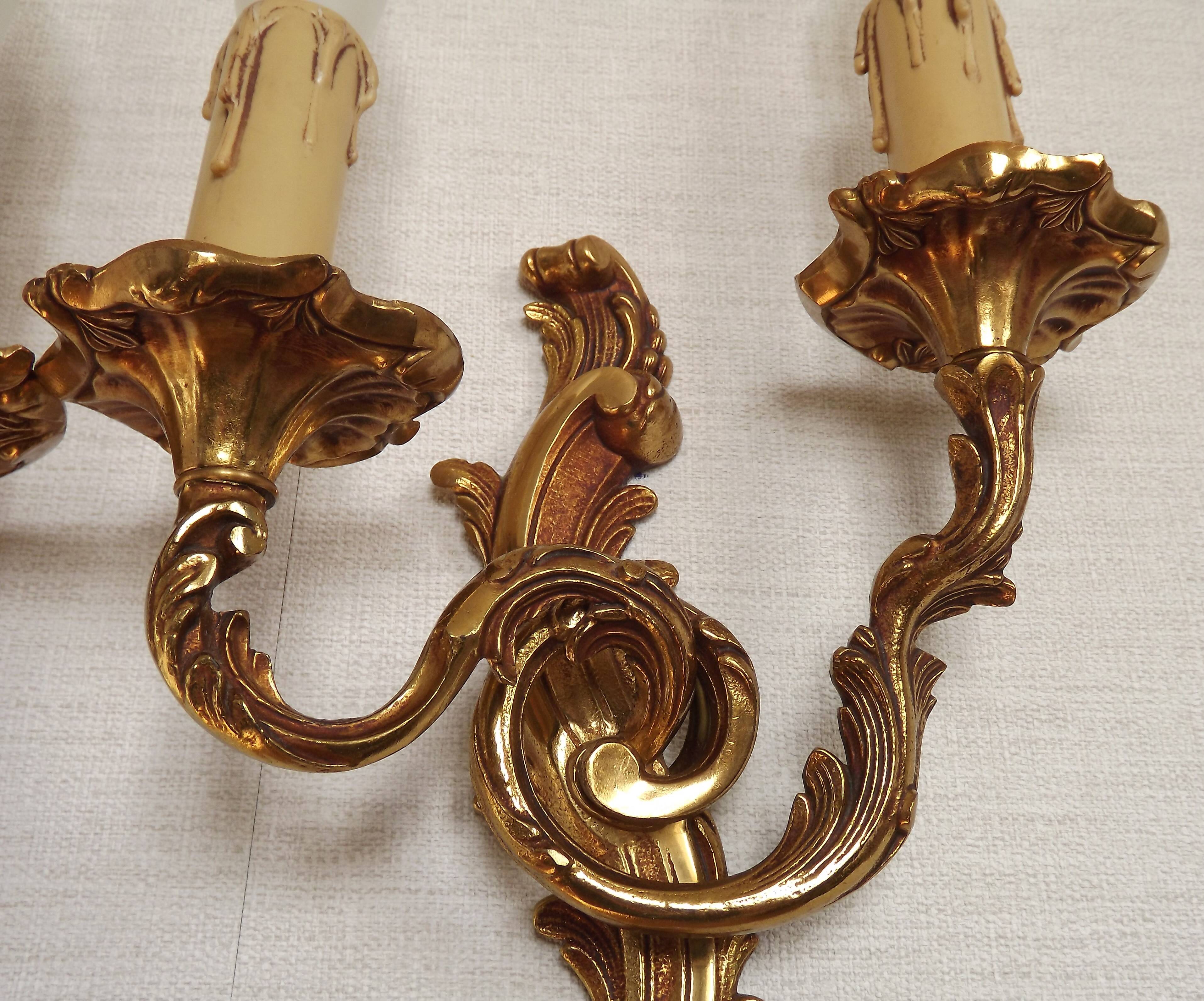 Stylish Vintage French Bronze Double Wall Sconces with Acanthus Leaf Detail