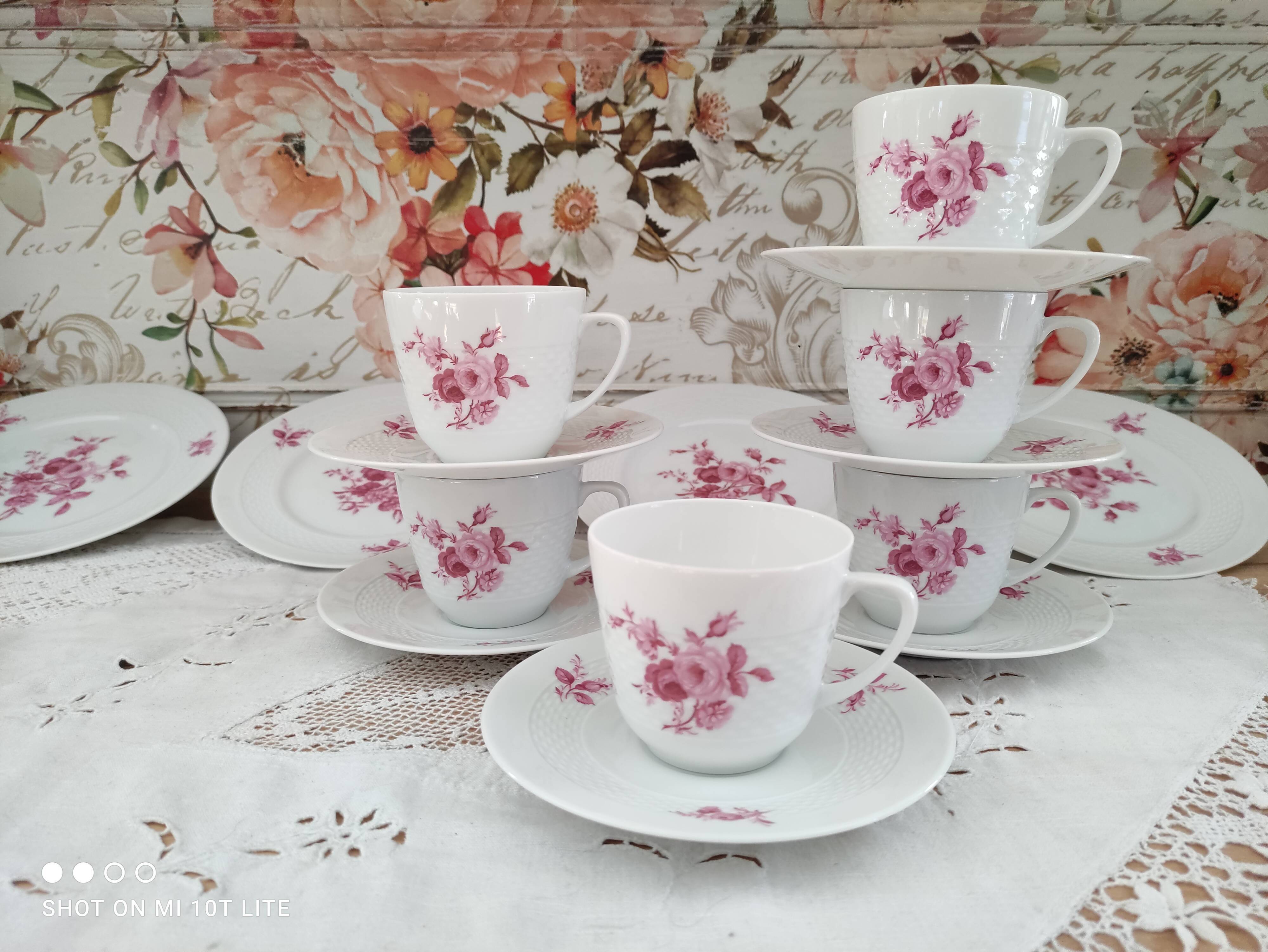 Coffee set 16 pieces porcelain bavaria white décor pink roses