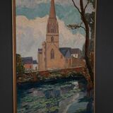 Huile sur panneau par Coran d'Ys XXe représentant une église