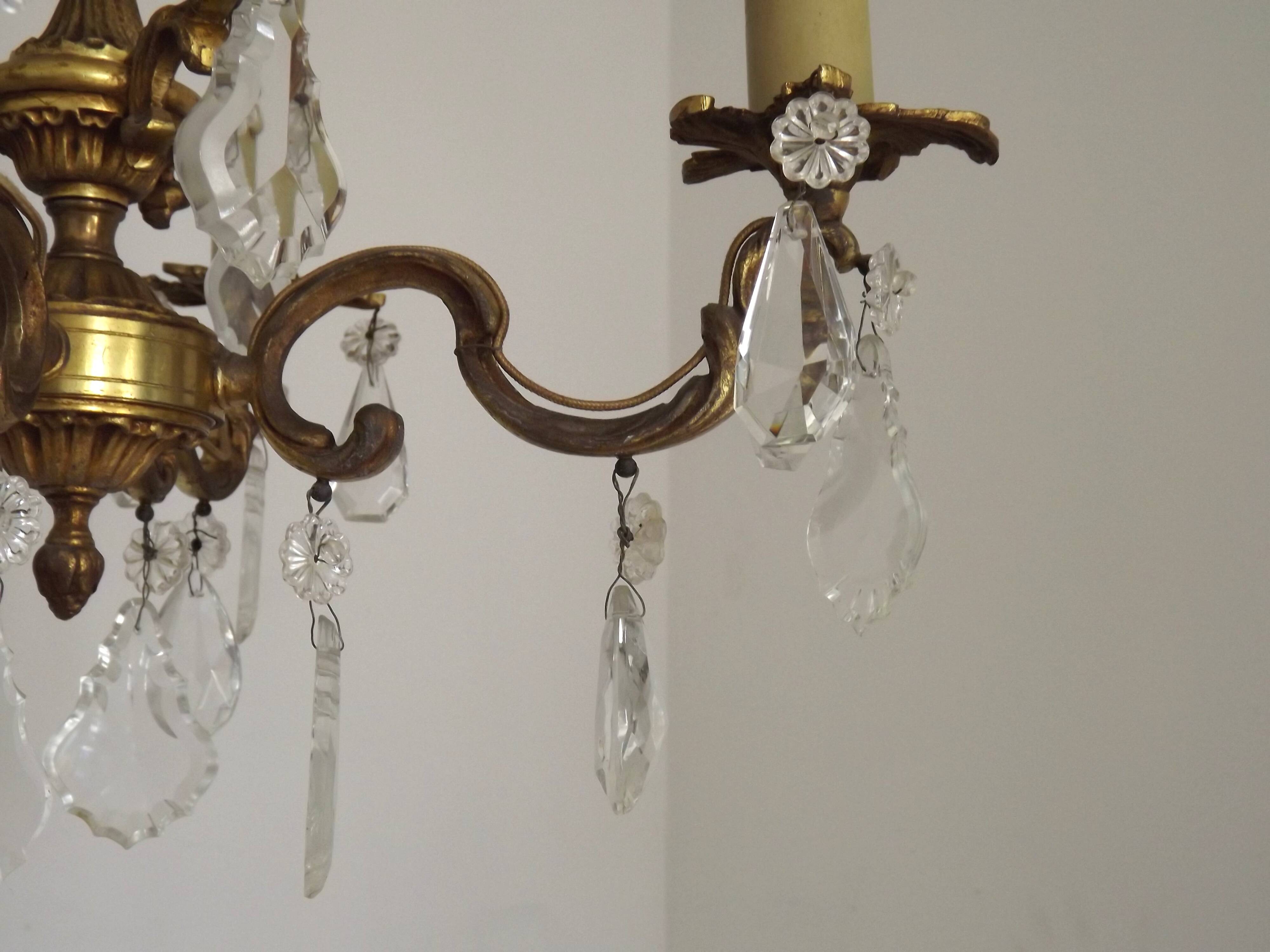 French Antique Art Nouveau 4 Light 3 Side Brass Crystal Cage Chandelier