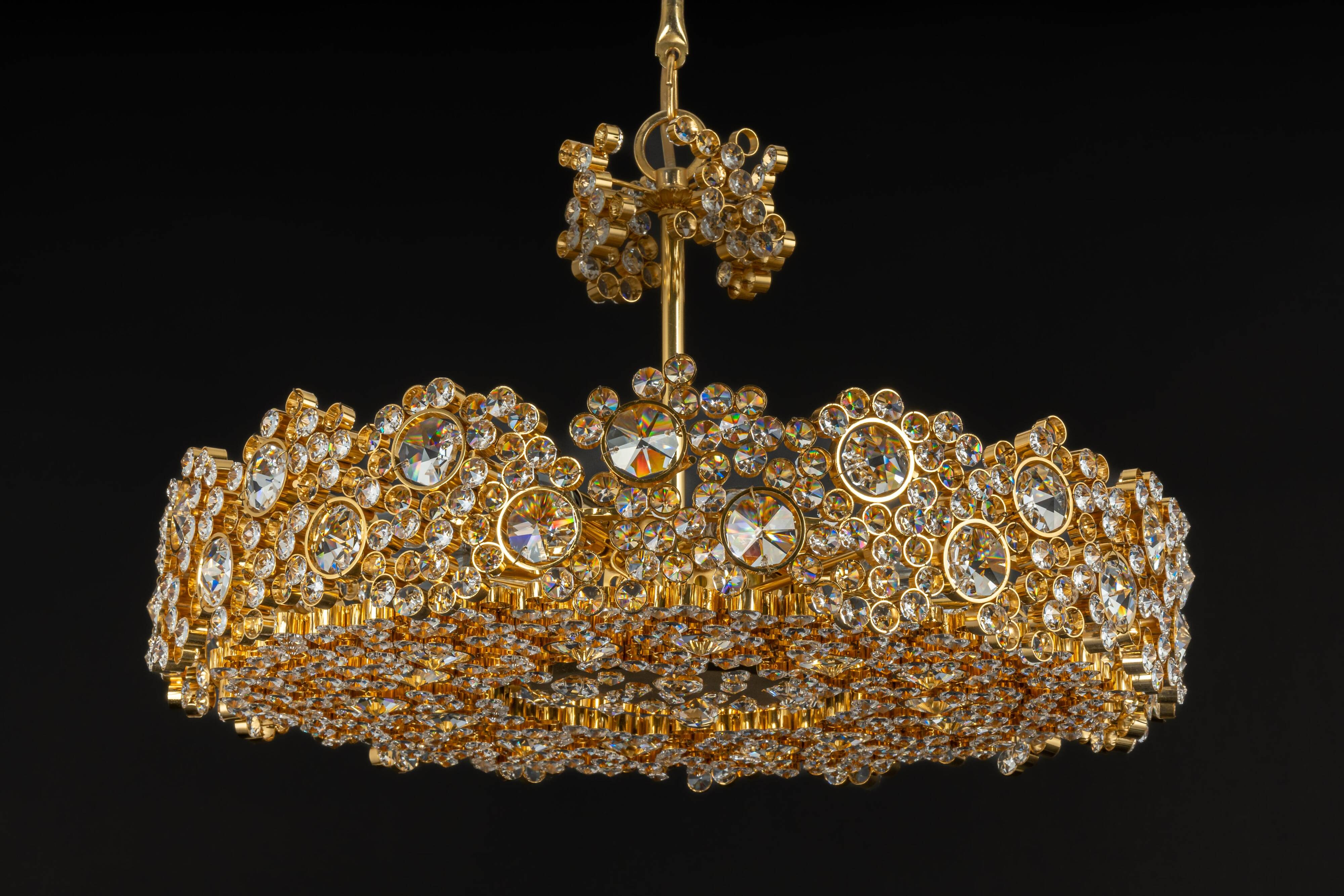 Chandelier in gilded brass and crystal glass inlaid by Palwa, Germany, 1970s.