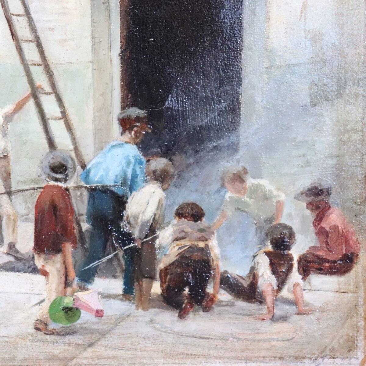 Oil Painting On Canvas, Children At Play, Italy, 19th Century