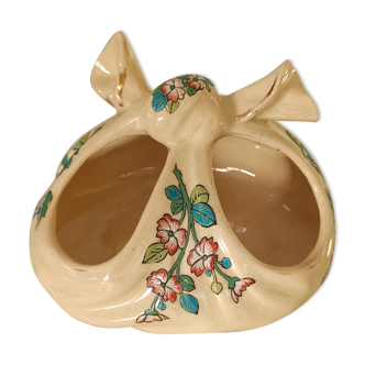 Faience servant, basket shape with polychrome floral motifs in relief, numbered