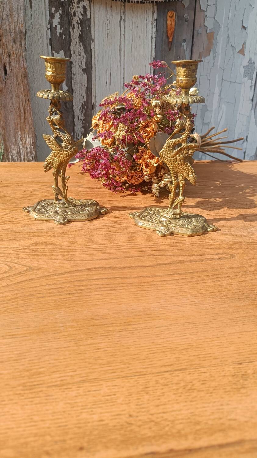 Bronze candlesticks, heron, Orientalist Art Deco
