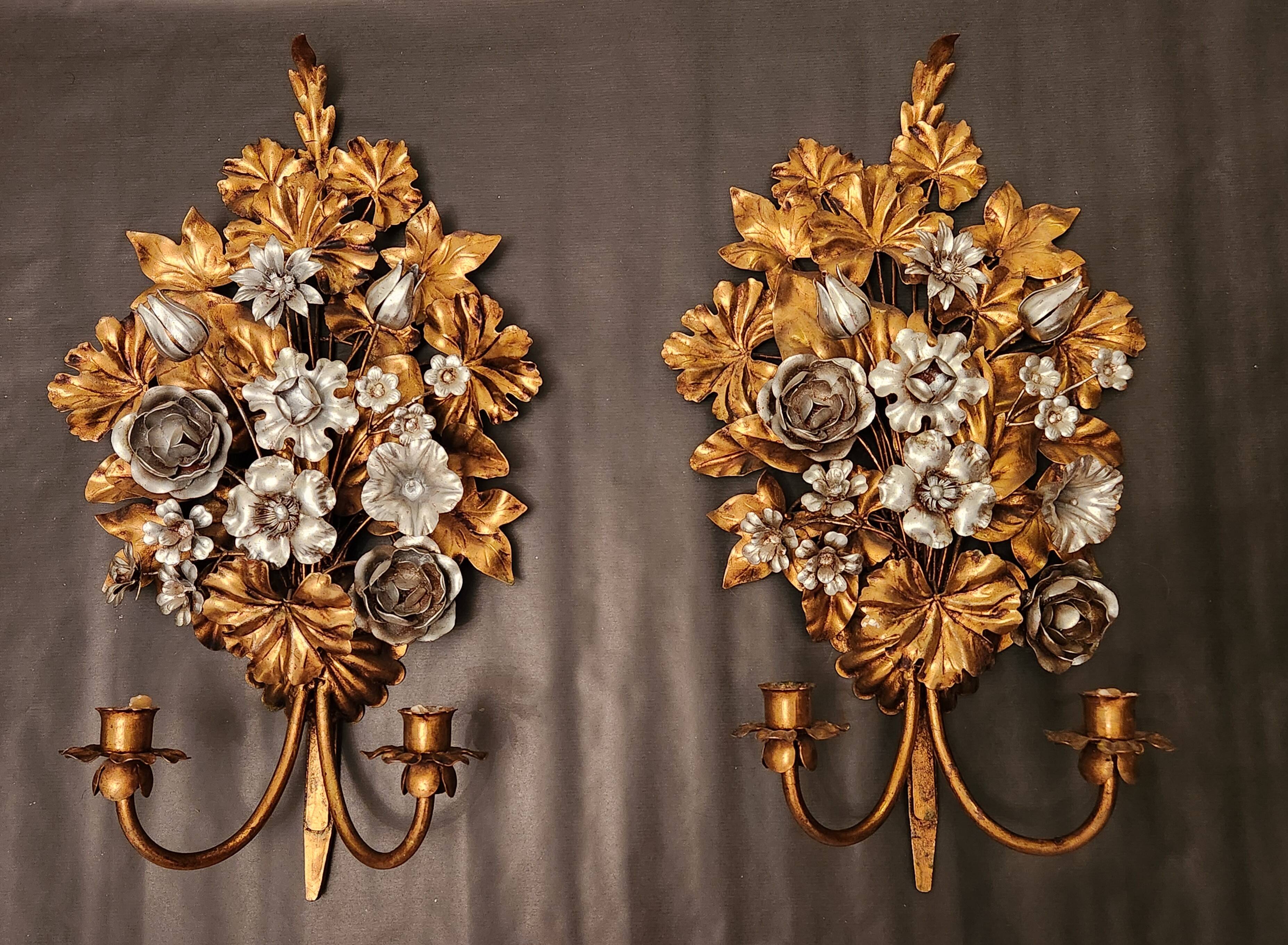 Hand-forged gilded silver-plated candle wall lamps by S. Salvadori