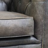 Grey Cowhide Leather Chesterfield Club Armchair in English Style on Casters